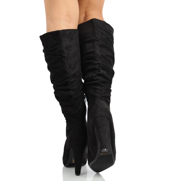 Black Faux Suede Slouchy Knee High Stiletto Boot - Picture 6 of 6